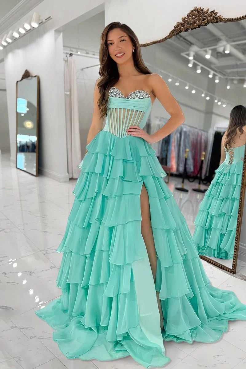 Mint Green - Strapless A Line Chiffon Ruffled Formal Prom Dresses With Beading