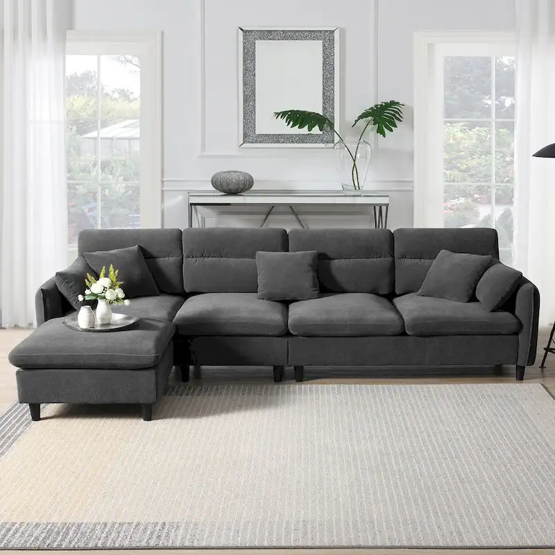 110 Modern L-Shaped Convertible 5-Seat Sectional Sofa with Removable Ottoman and 5 Cushions, Plush Chenille Fabric