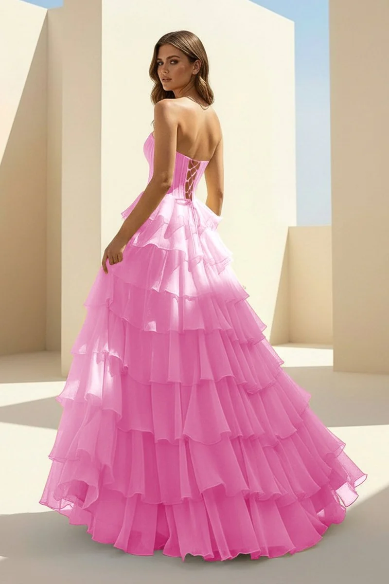 Pink Strapless A Line Chiffon Tiered Prom Dresses With Appliques