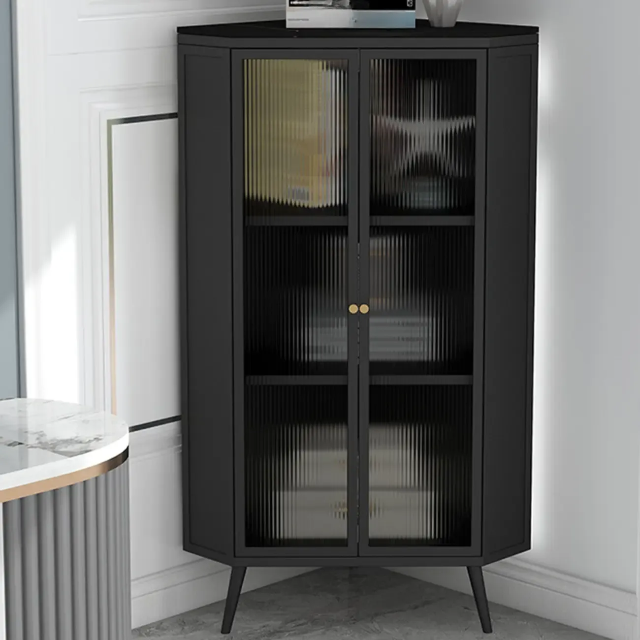 Modern Black Stone Top Corner Cabinet with Fluted Glass Door