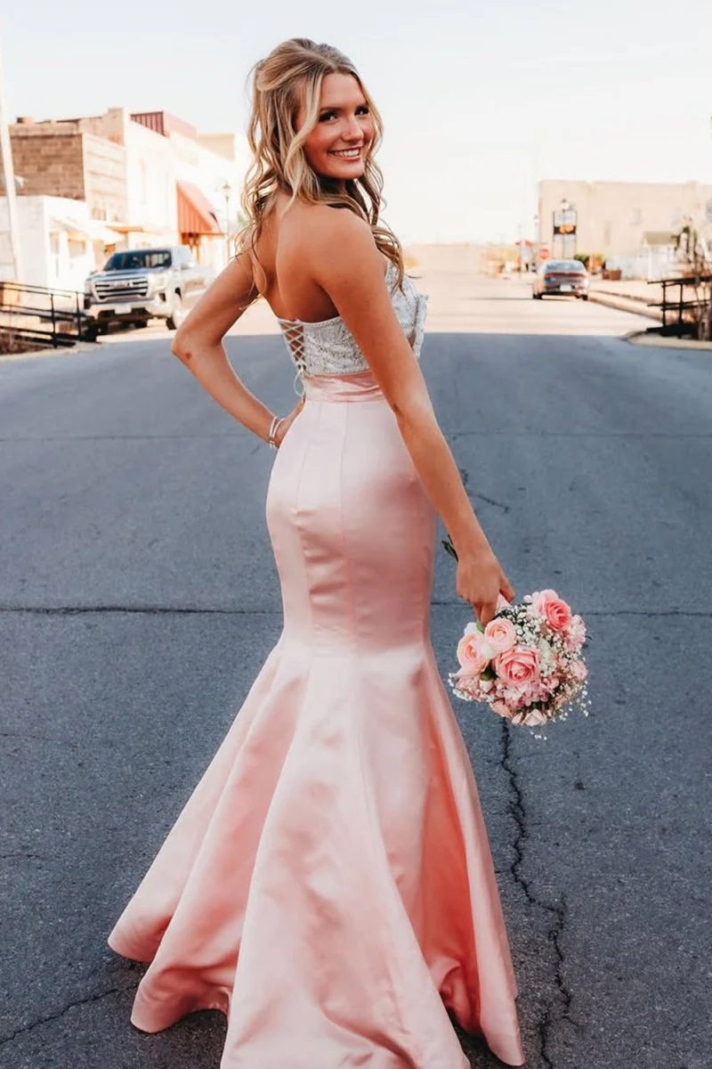 Pink Mermaid Satin Strapless Long Prom Dresses with Beaded Bow