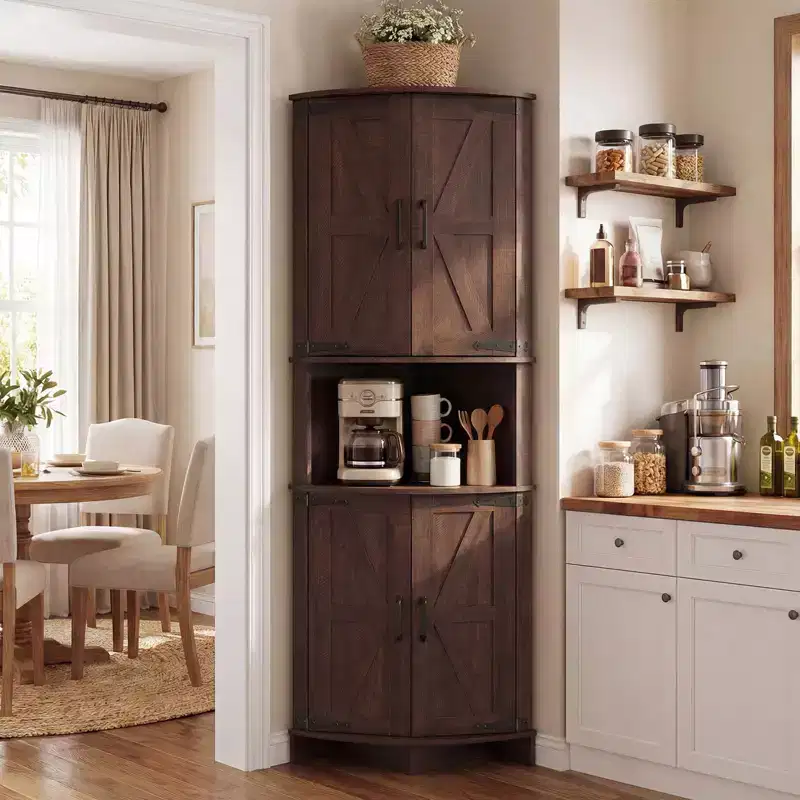 64.8 Tall Corner Cabinet with Doors, Brown Farmhouse Corner Storage Cabinet, Freestanding Corner Pantry Cabinet with Adjustable Shelves