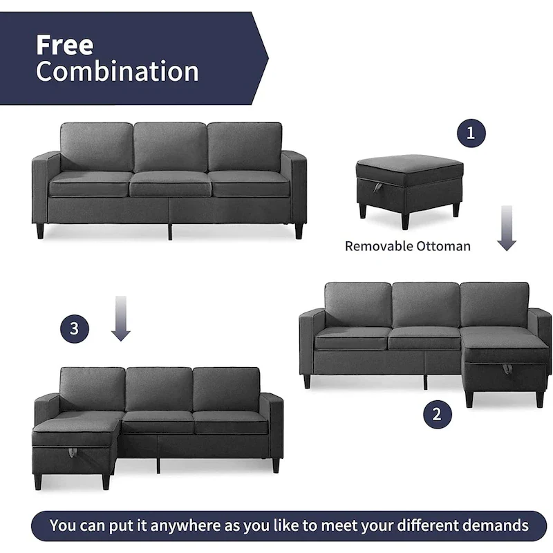 Mixoy 78inch Modern 3-Seat L Shaped Upholstered Sofa with Ottoman