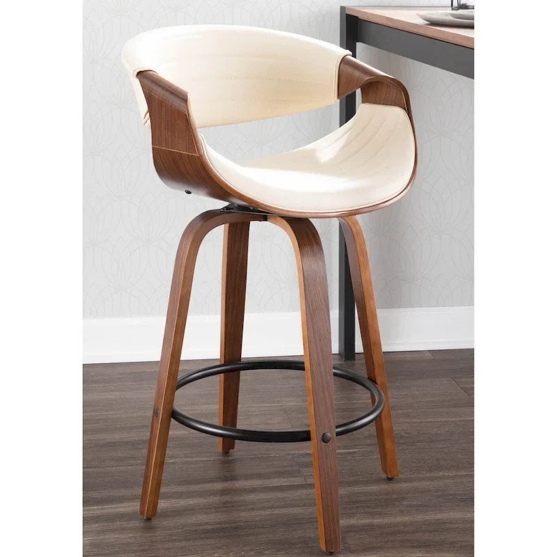 Faux Leather Counter Stool with Bent Wood Legs & Round Footrest (Set of 2)