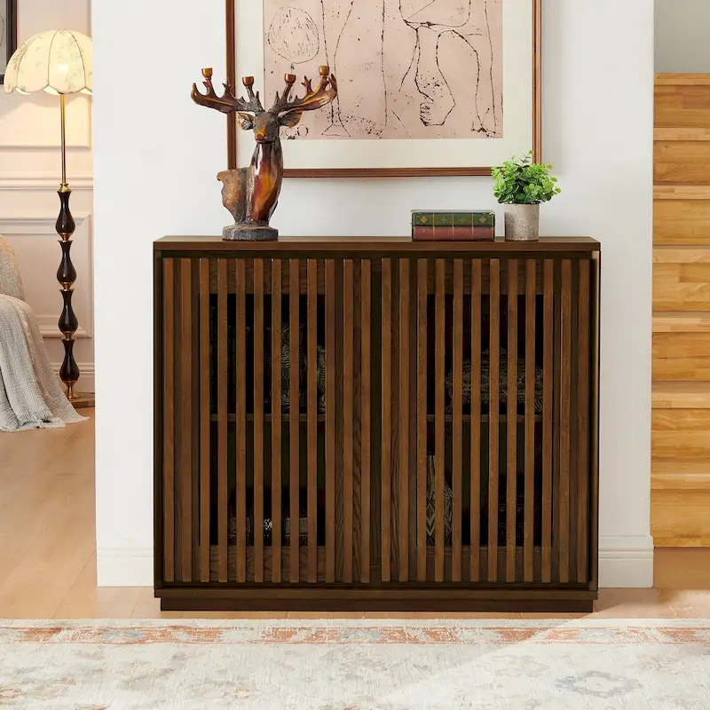 Modern Fluted Hollowed Out Sideboard Cabinet with 2 Outlet Holes, Buffet Cabinet with Storage, Storage Cabinet for Living Room