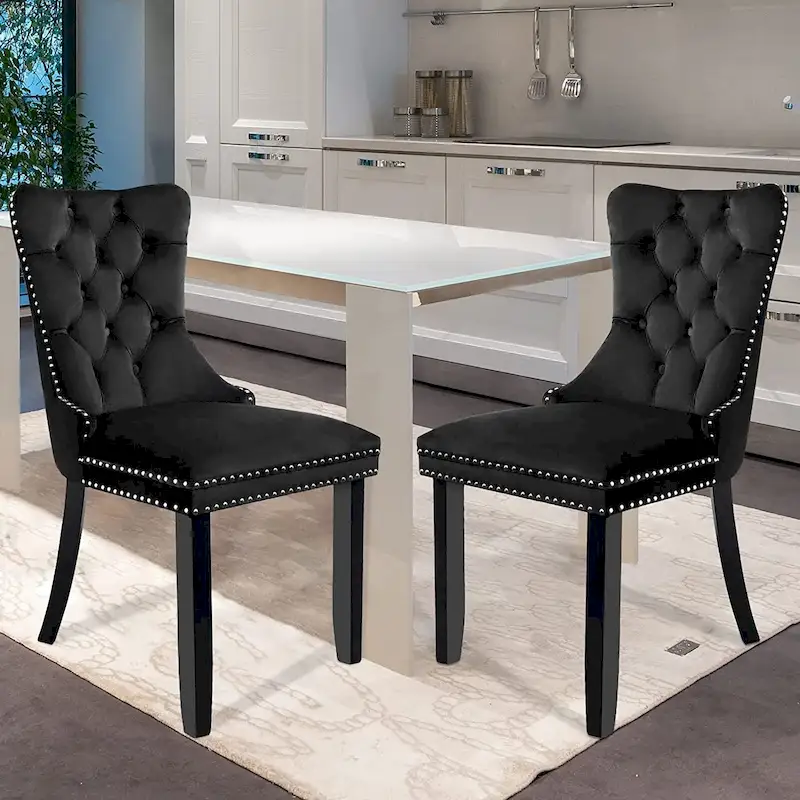Velvet Dining Chairs Set of 2, Upholstered High-end Tufted Dining Room Chair with Nailhead Back Ring Pull Trim Solid Wood Legs