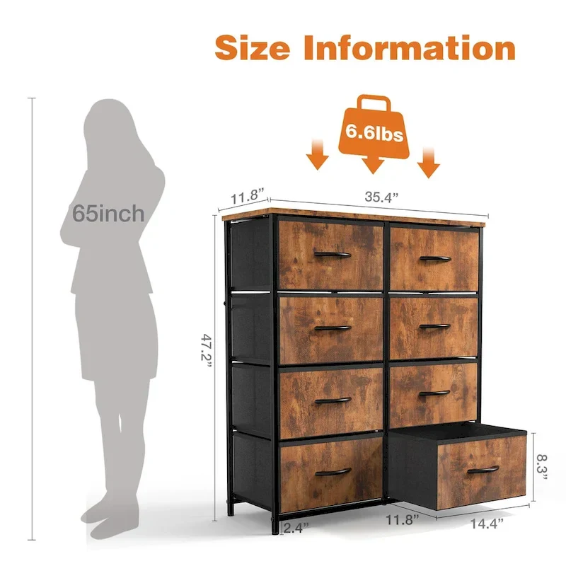 Tall Dresser with 8 Drawers, Fabric Chest of Drawers with Wood Top and Steel Frame
