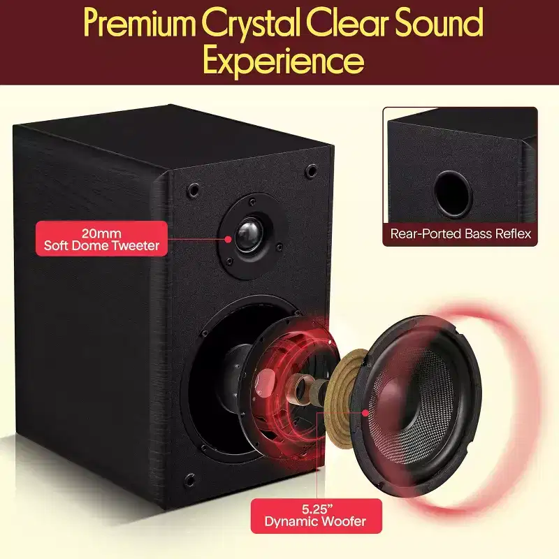 Pyle 5.25 Home Theater Wooden Bookshelf Speakers - 2 Way HiFi Sound with Built-in Wall Mount (Pair) - Black