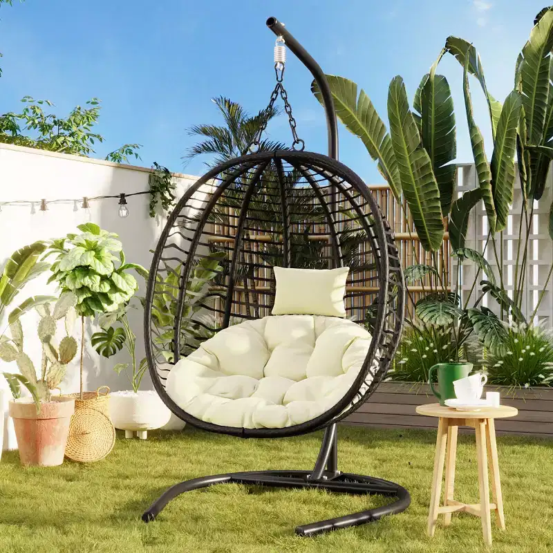 Folding Hanging Egg Chair with Stand and Cushion, Outdoor Wicker Hammock Swing Chair for Balcony, Bedroom, Garden Seating-Panipeachy