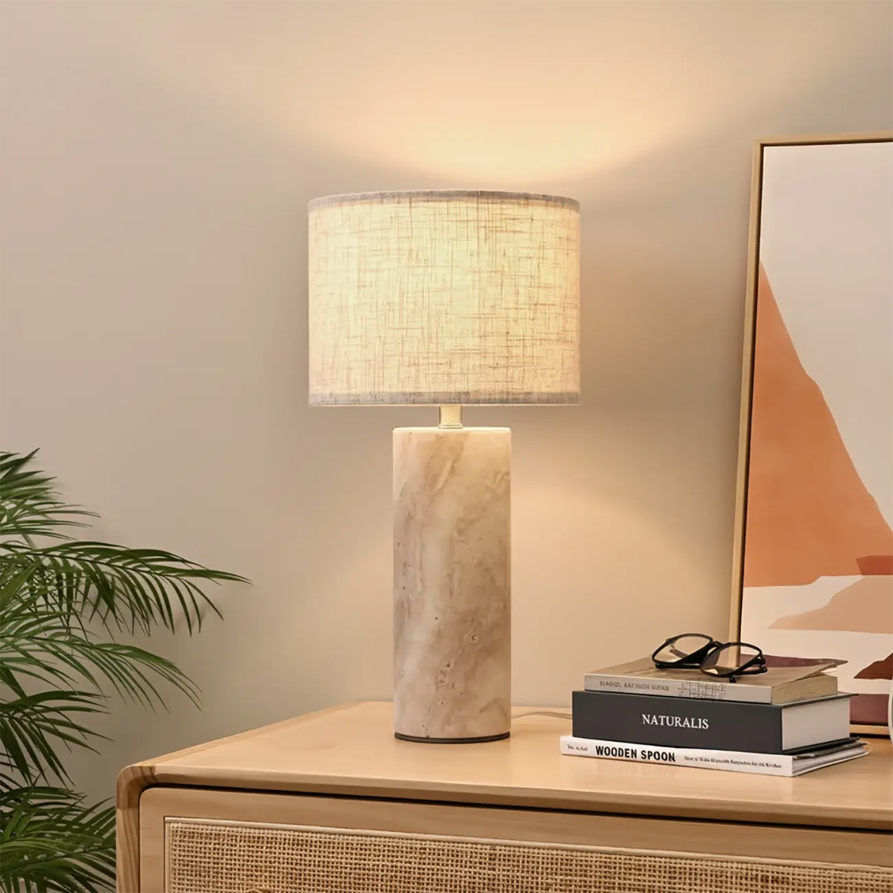 Modern Yellow Travertine Table Lamp with Fabric Shade