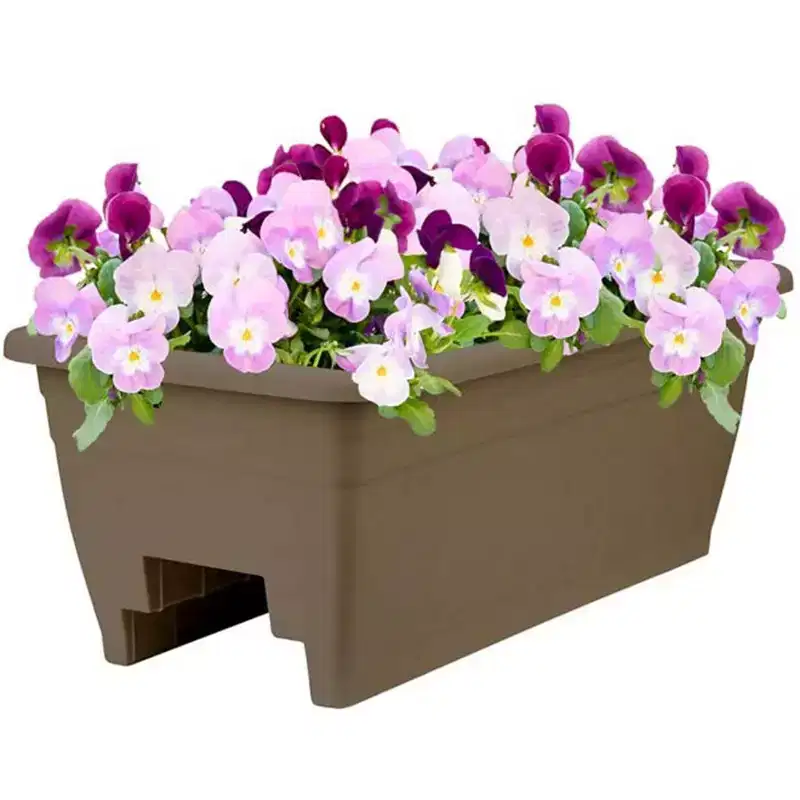 The HC Companies 24 Inch Wide Heavy Duty Plastic Deck Rail Mounted Garden Flower Planter Boxes with Removable Drainage Plugs, 4 Pack, Chocolate