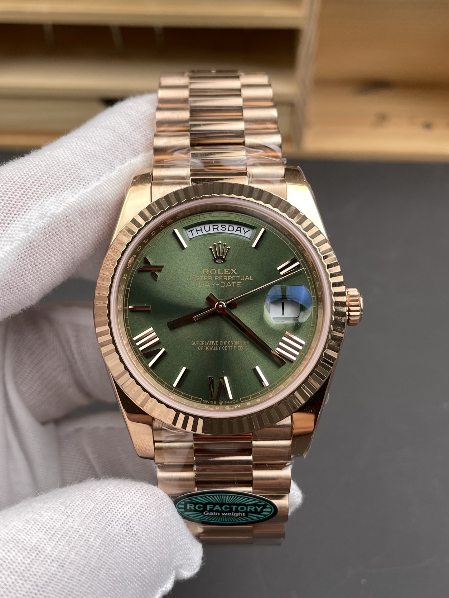 Rose gold Rolex Day-Date super clone with green dial front view