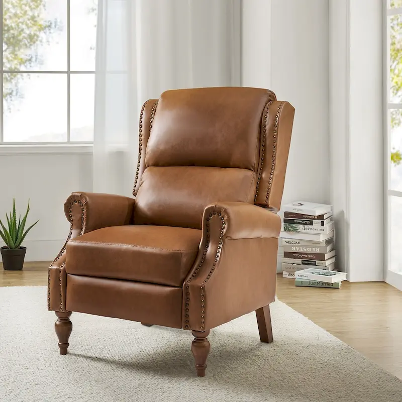 Traditional Vegan Leather Wingback Manual Recliner with Nailhead Trim – Beige / Navy / Brown / Camel / Black, Single