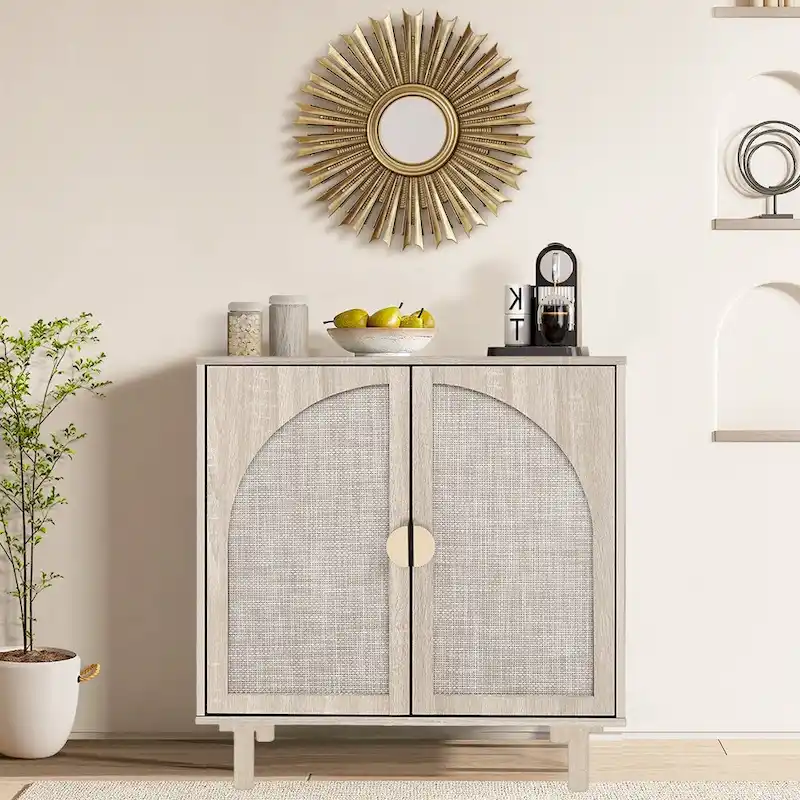 Rattan Storage Accent Cabinet with Doors, Sideboard Buffet Cabinet - 29.53Lx15.75Wx31.5H
