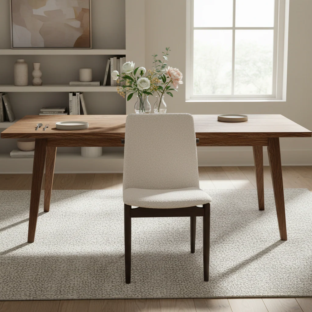 Cream Boucle Upholstered Dining Chair with Dark Brown Wood Frame