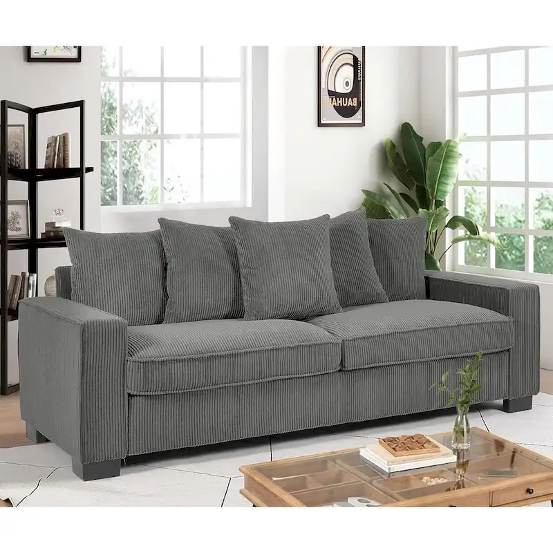 3-Seat Corduroy Sofa with 5 Toss Pillows and Large Square Arms