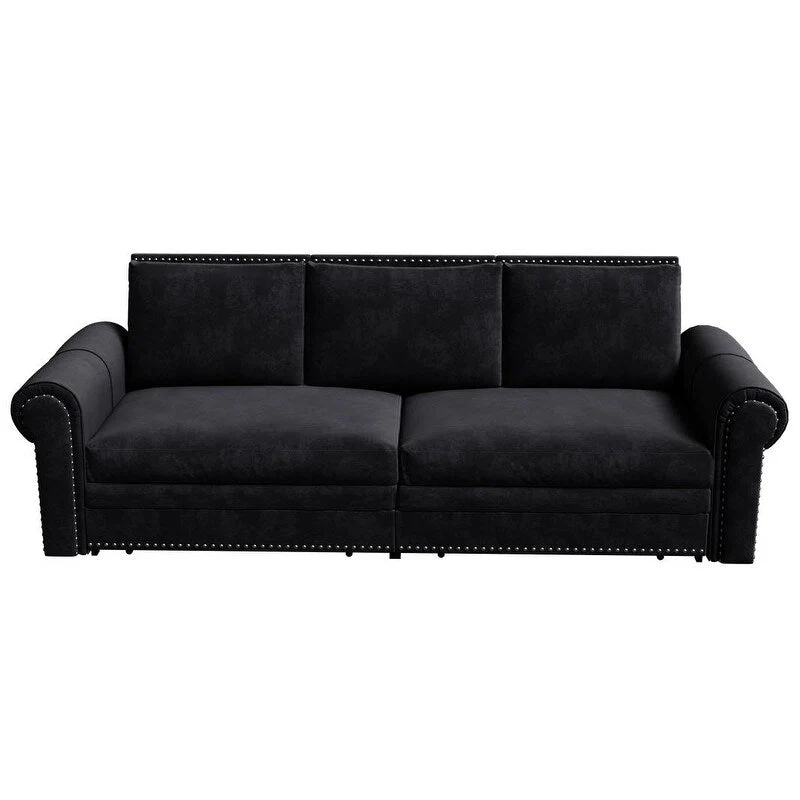 3-in-1 King Pull Out Sofa Bed Chesterfield Sofa, Velvet/Faux Leather Convertible Sleeper Sofa with Nailhead Trim & Rolled Arm