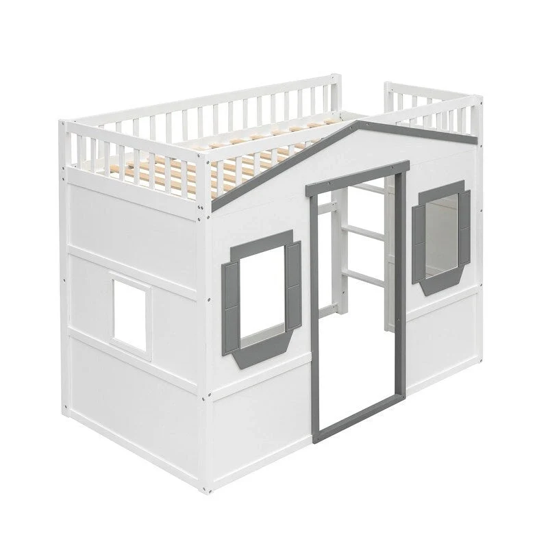 House Loft Bed Twin Kids Playhouse Bed, Solid Wood Loft Bed Frame with Window and Ladder