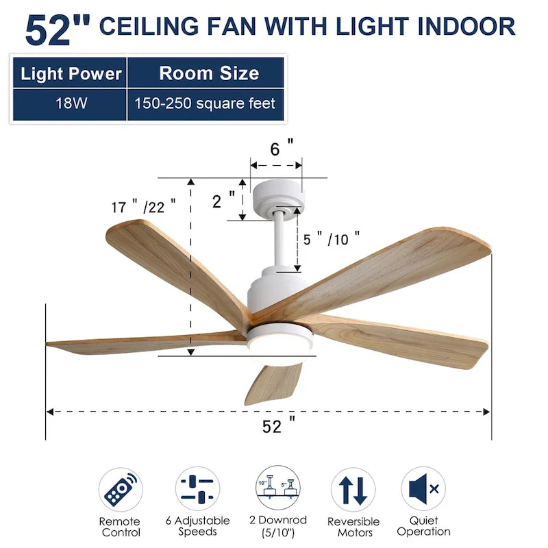52 Inch Ceiling Fan with Dimmable LED Light Remote Control