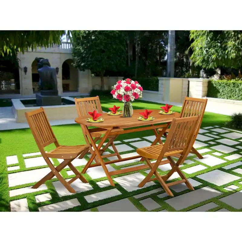 Outdoor Dining Set - Chairs with Slatted Back and Oval Table with Wood 4 legs - Natural Oil Finish (Pieces option)