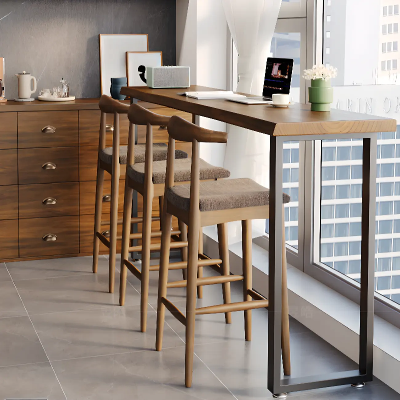 Rectangle Wooden Bar Height Table Metal Sled Base