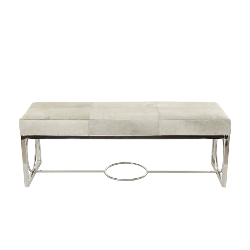 Leather Handmade Cowhide Bench with Geometric Cutout Silver Base - Beige - Roche River Decor - 18W x 48L x 17H