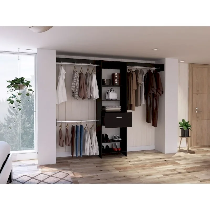 Cross Closet System with Drawer, 3 Metal Rods, and 5 Open Shelves