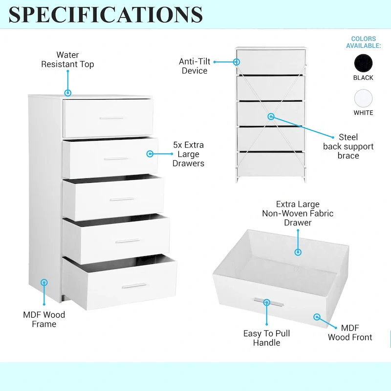 Modern 5-Drawer Fabric Dresser With Sturdy Wood Frame