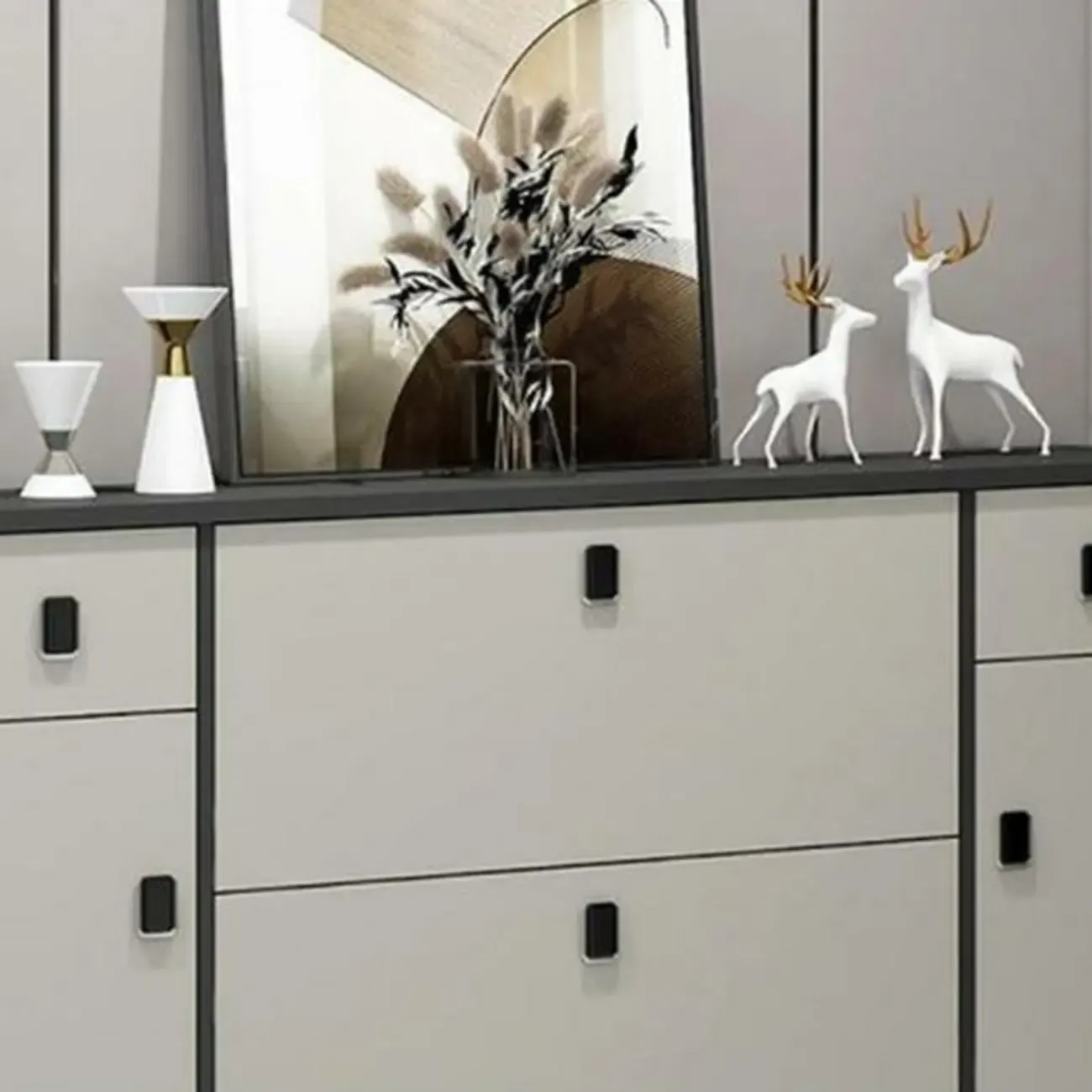 Narrow Black-White Solid Wood Drop Front Shoe Cabinet