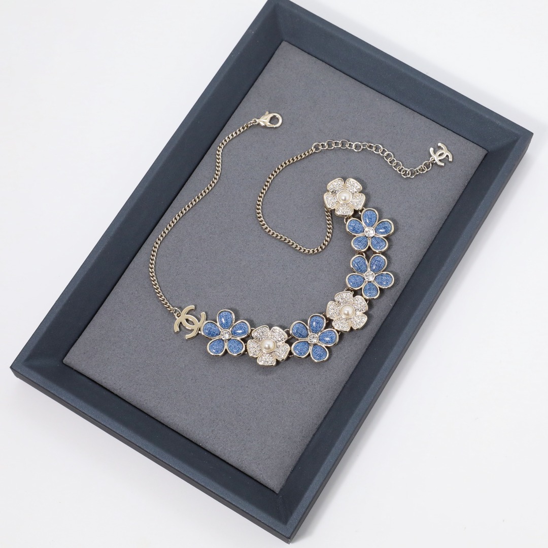 CCN446 Chanel Cowboy denim flower charm choker necklace - ccjewelryacc