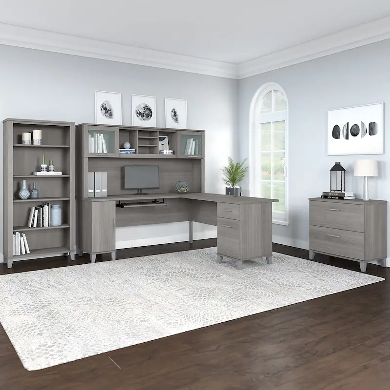 Somerset 72W L Shaped Desk with Hutch, Cabinet and Bookcase in Gray