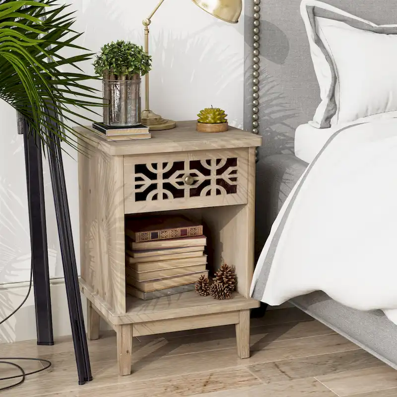 COZAYH Retro Rustic Nightstand Solid Fir End Table Side Table with Hand Carved Front and Open Shelf for Boho, Farmhouse