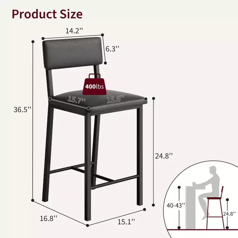 Coolmee Bar Stools Set of 2, Kitchen Barstools with Thick Cushion, 25 in Counter Height Bar Stools with Backrest and Footrest, for Dining Room