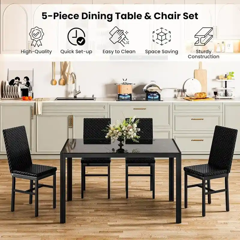 Grondin Modern Style 5-Piece Dining Room Table Set with Tempered Glass Tabletop and 4 Diamond Stitching PU Leather Dining Chairs