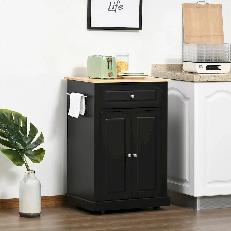 Rolling Kitchen Island Cart with Drawer and Cabinet - Black/Grey/Cream White