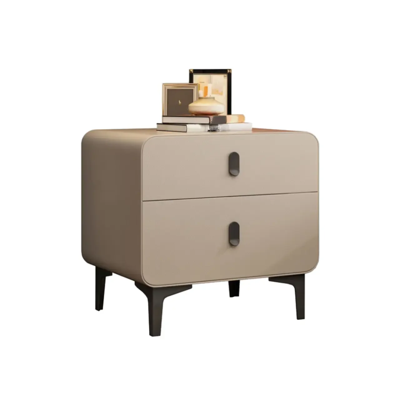 Freestanding Leather Arched Edge White Nightstand with Drawers