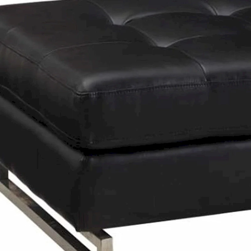HomeRoots 63  Black Tufted Faux Leather and Silver Ottoman
