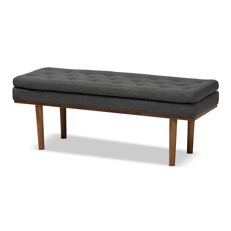 Grey / Beige Mid-Century Modern Button-Tufted Bench, 1-Seat