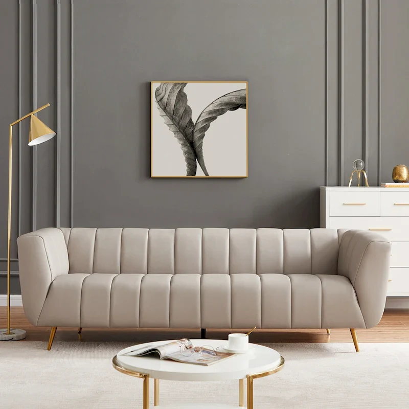 Grey Tufted Leather Sofa, Gold Legs, Seats 3