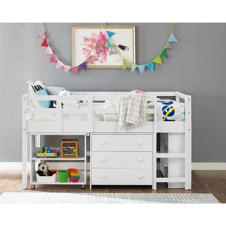 Twin Low Loft Bed with Desk & Storage, Navy/White, 1-Person (Twin)