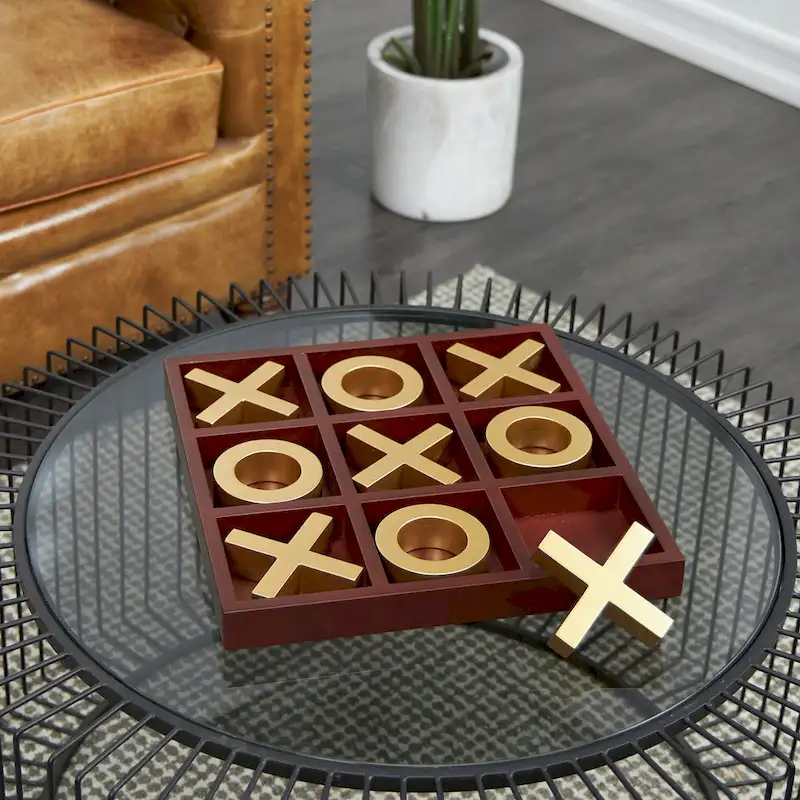 Brown Wood Tic Tac Toe Game Set with Gold X and O Pieces