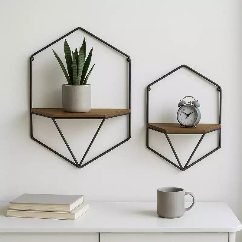 Metal & Wood Floating Storage with Rustic Casual Design - Geometric Wall Shelves - Hanging Display for Home & Office - Set of 2, 20, 16