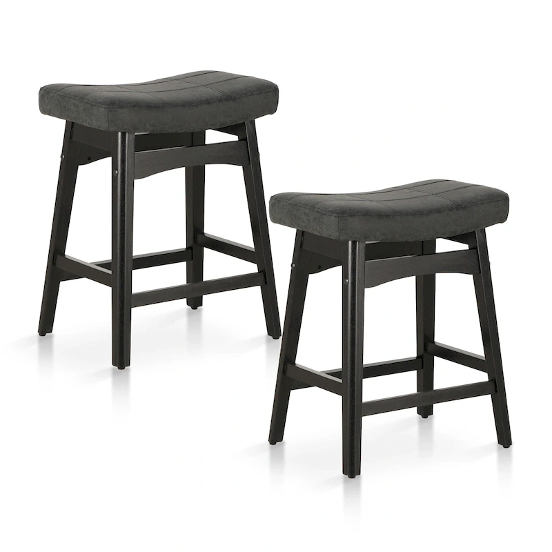 24 Inch Solid Wood Barstools with Linen / PU Leather Fabric Cushion, Set of 2