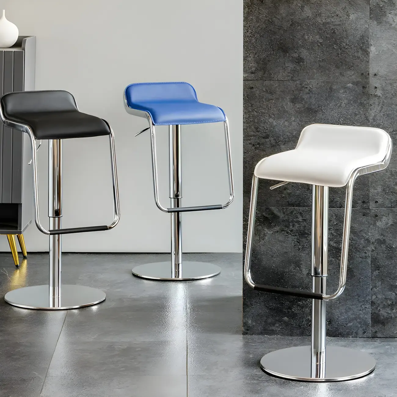 Modern Pedestal Swivel Bar Stool Adjustable Height Low Back Faux Leather