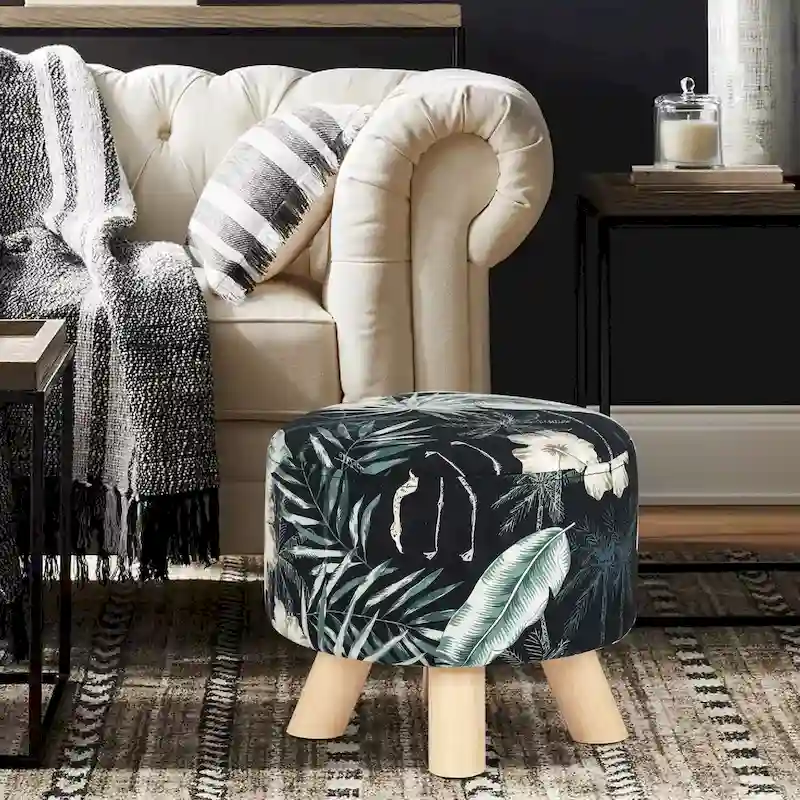 Adeco Modern Round Ottoman Foot Rest Footstool Velvet Fabric Padded