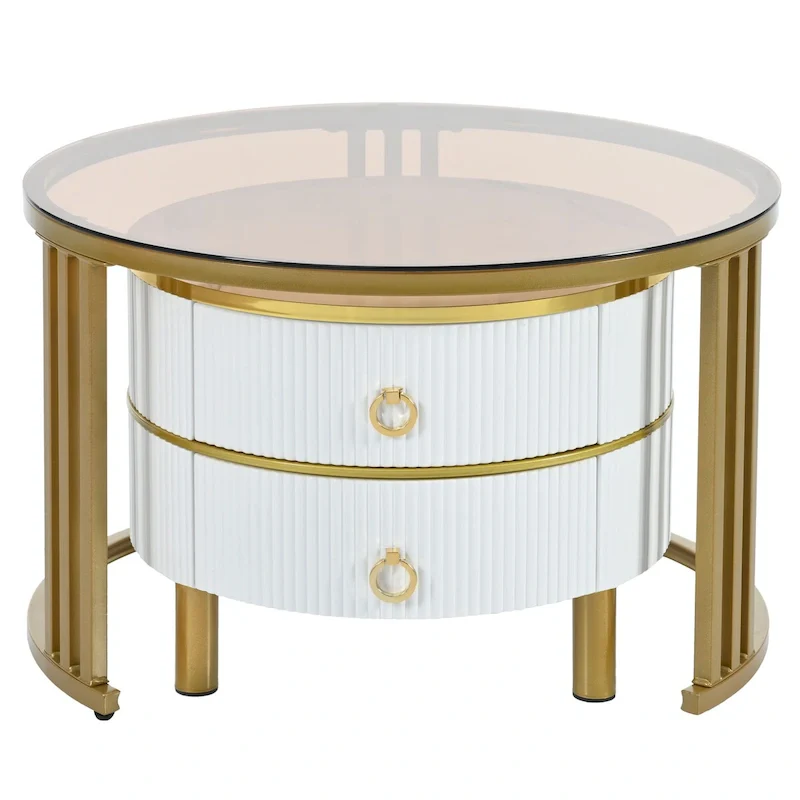 Nesting Coffee Table Set of 2, Side Tables with Tempered Glass Tabletop and Storage Drawers