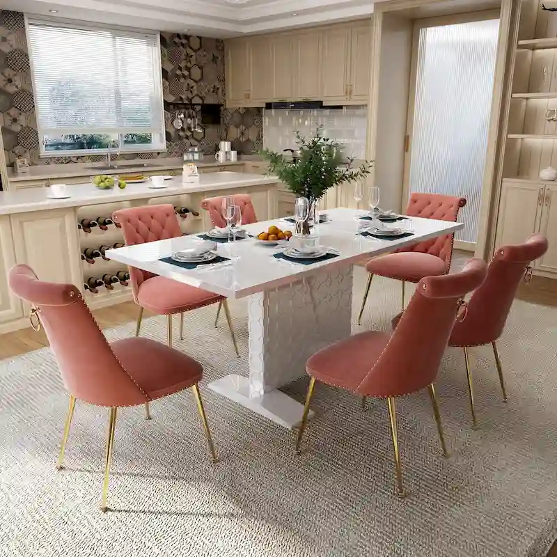 7-Piece Clihome High-gloss Extendable Table Velvet Chair Dining Set