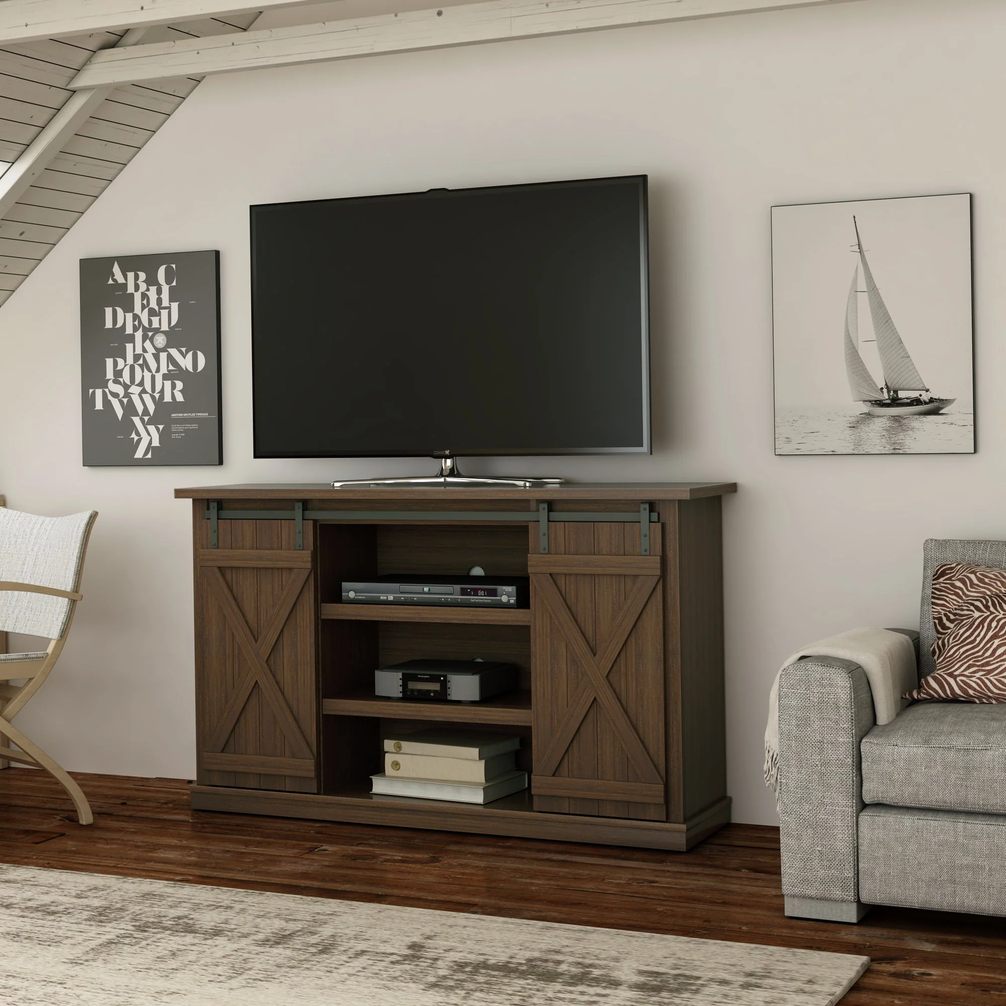 Farmhouse Sliding Barn Doors Cottonwood 54' TV Stand Media Console