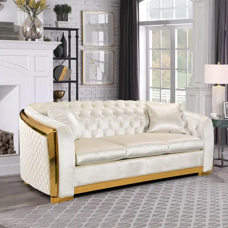 84-Inch Luxury Chesterfield Velvet Sofa with Gold Trim Detail