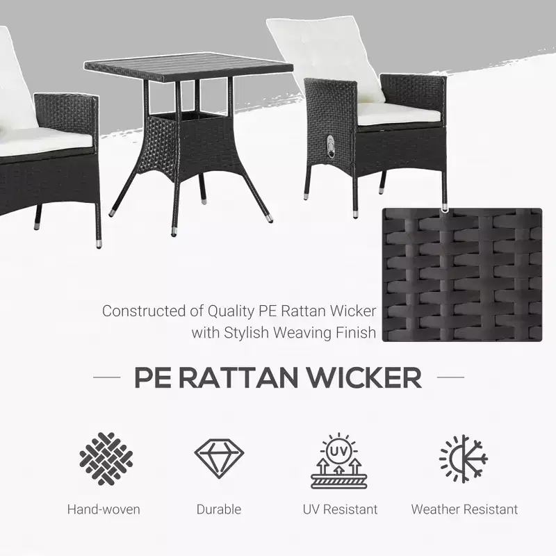 3 Piece Patio Bistro Set, PE Wicker Furniture Conversation Set w/ Tufted Cushion Reclining Chairs & Coffee Table